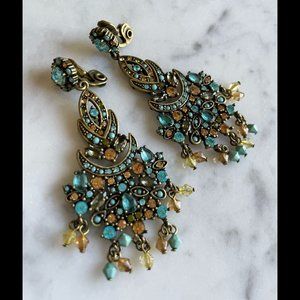 Monet Chandelier Clip Earrings, with Blue & Amber Crystals